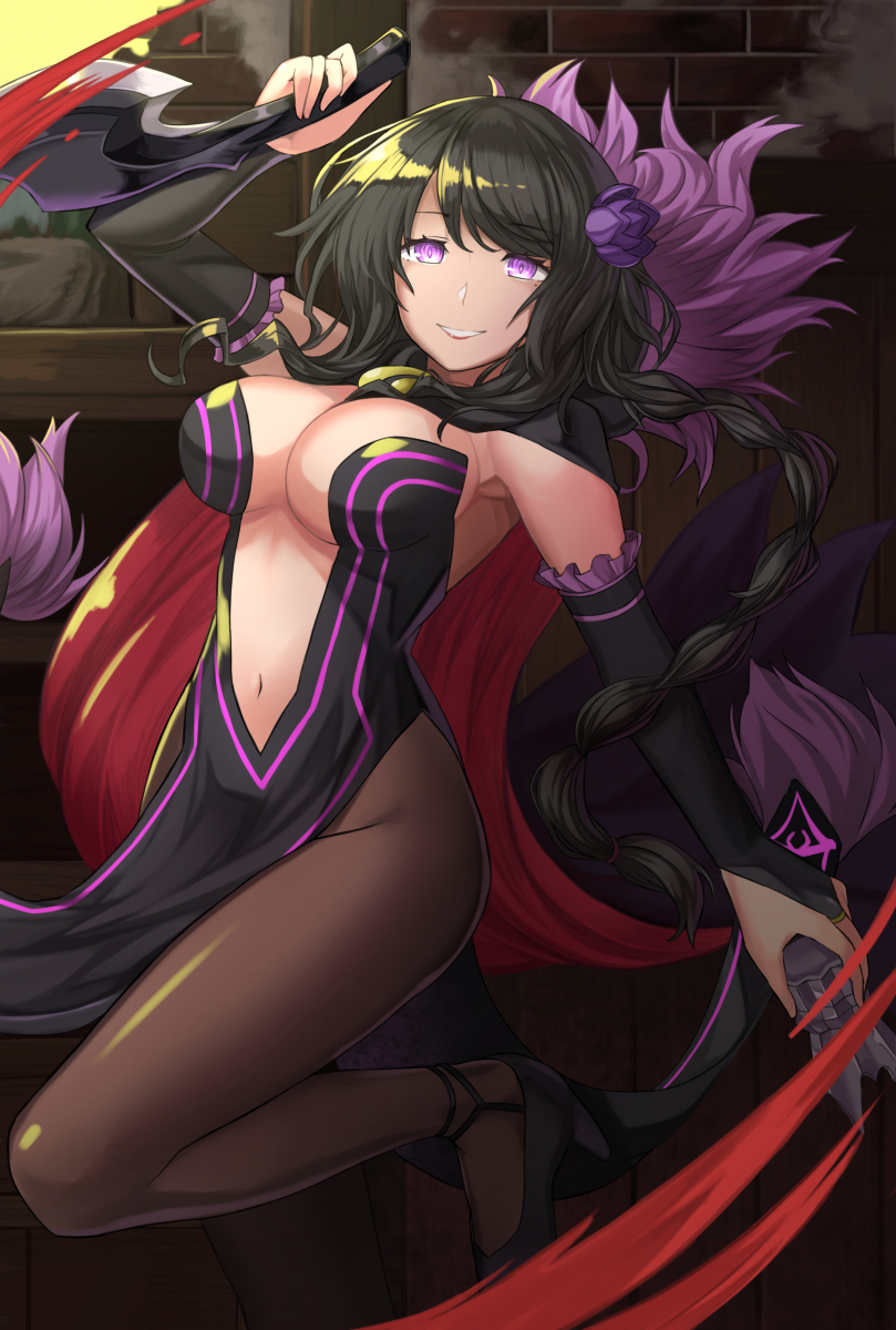 1girl, :d, bangs, black_hair, black_shoes, blood, braid, breasts