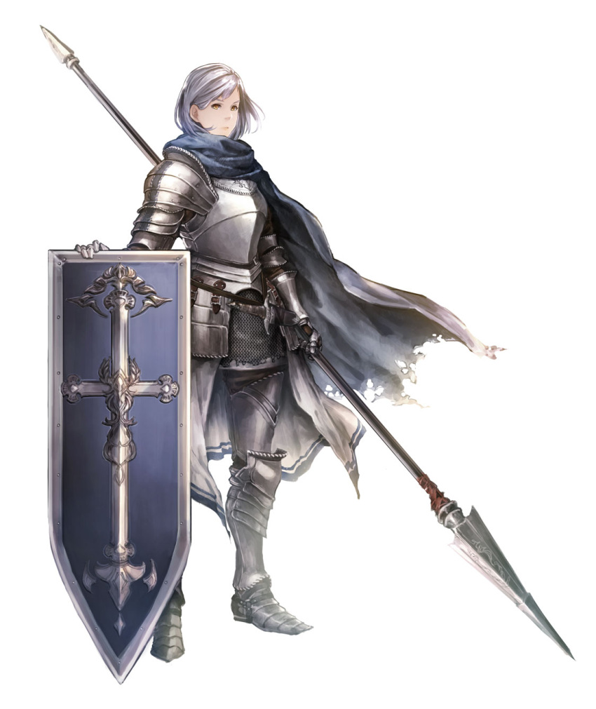 1girl, armor, cape, highres, isono_wataru, original, polearm, shield, short_hair, silver_hair, simple_background, solo, spear, standing, weapon, white_background, yellow_eyes