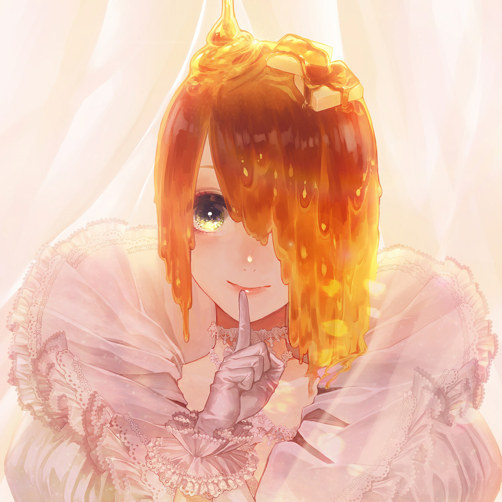 1girl, black_eyes, butter, choker, closed_mouth, curtains, dappled_sunlight, dripping