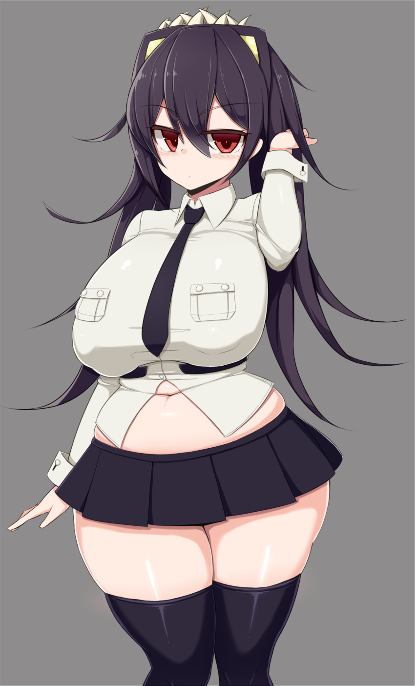1girl, belly, black_hair, black_legwear, breasts, curvy, filia_(skullgirls), grey_background
