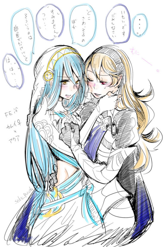 2girls, aqua_(fire_emblem_if), armor, blonde_hair, blue_hair, blush, cape, cheek_pinching