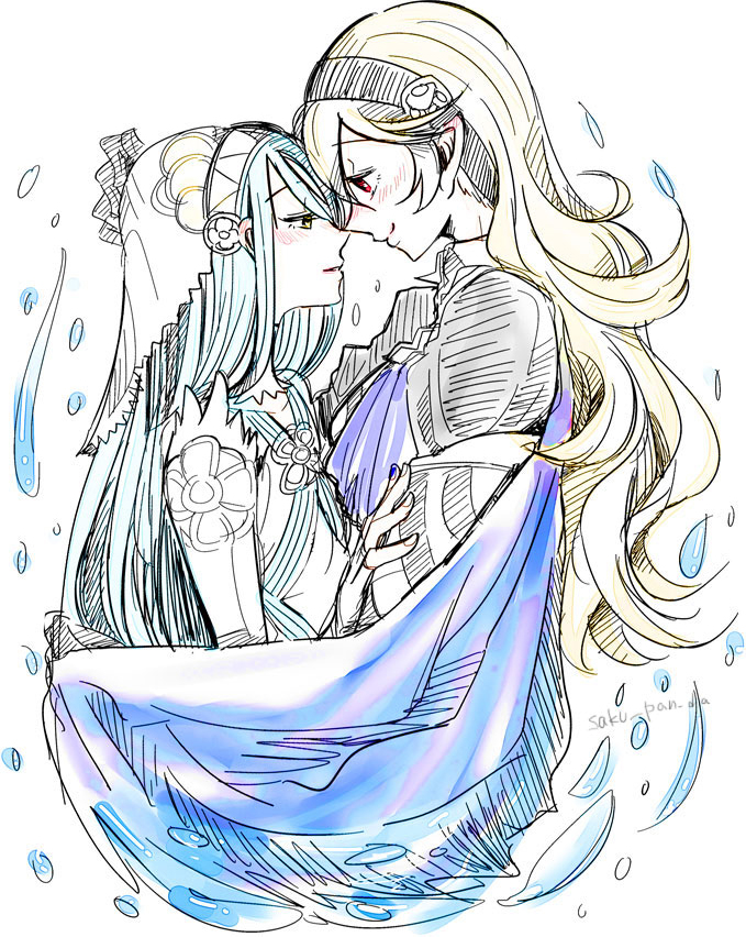 2girls, aqua_(fire_emblem_if), blonde_hair, blue_hair, blush, cape, couple, eye_contact