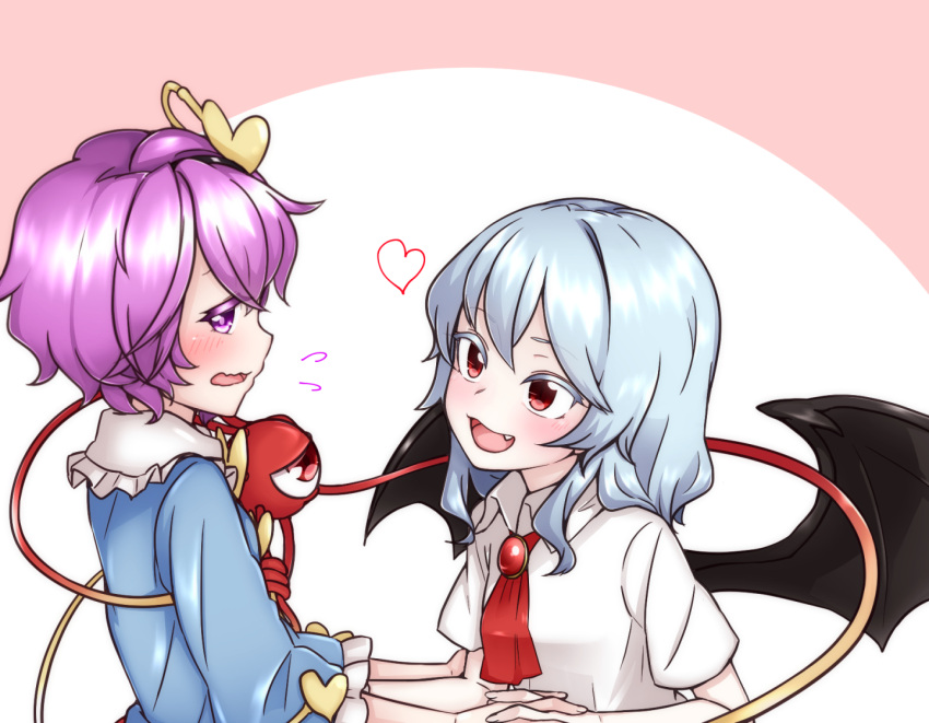 2girls, ascot, bat_wings, blue_shirt, blush, colored_eyelashes, embarrassed, hair_between_eyes