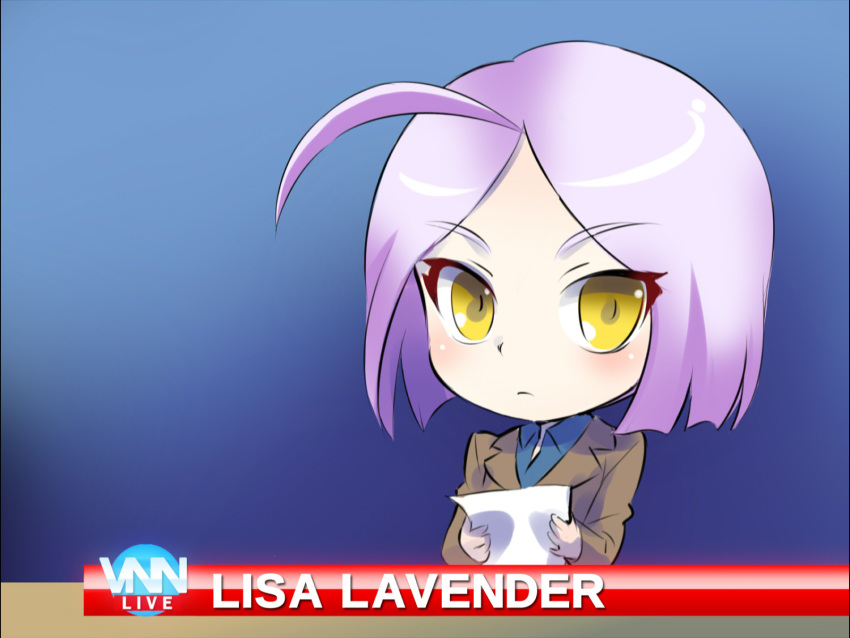 1girl, ahoge, chibi, highres, iesupa, lavender_hair, lisa_lavender, reporter