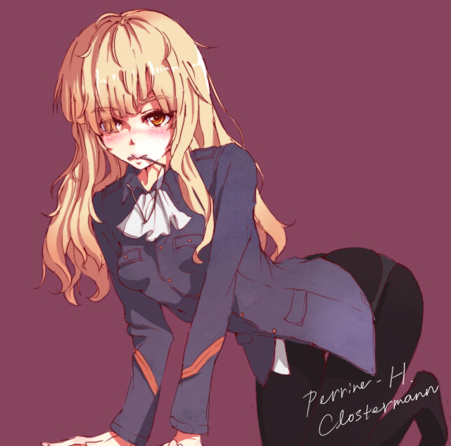 all_fours, blonde_hair, blush, character_name, fuu__taro, glasses, glasses_in_mouth, long_hair