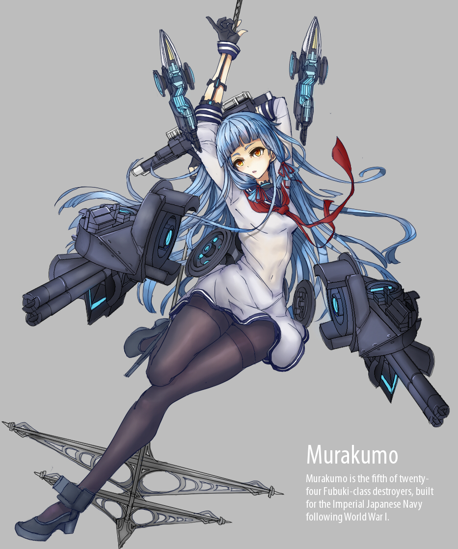 blue_hair, covered_navel, fuu__taro, gloves, kantai_collection, long_hair, murakumo_(kantai_collection), navel