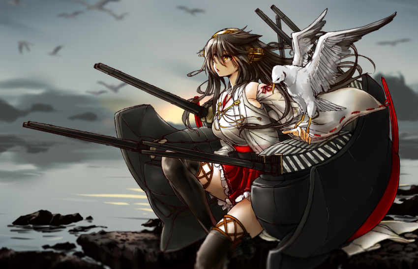 :o, bird, boots, detached_sleeves, english, frills, fuu__taro, haruna_(kantai_collection)