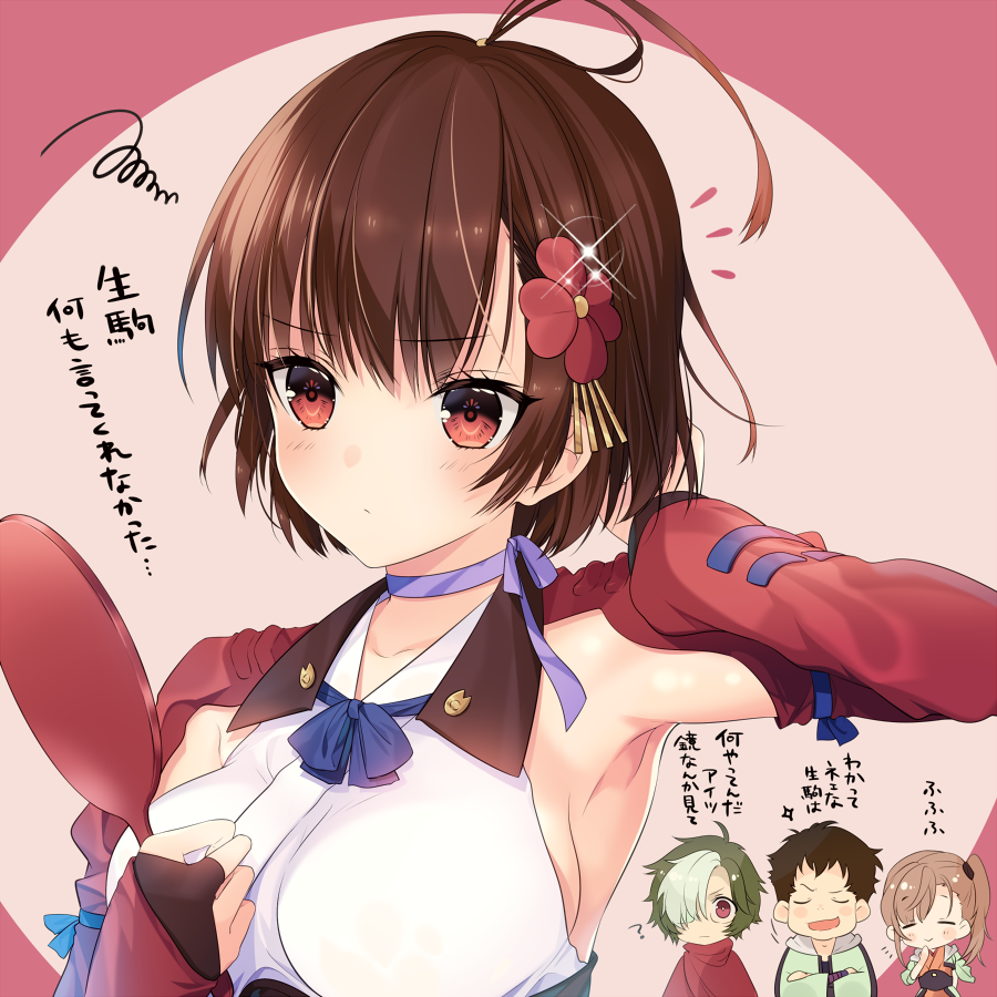 2boys, 2girls, bangs, brown_hair, chibi, flower, hair_flower, hair_ornament