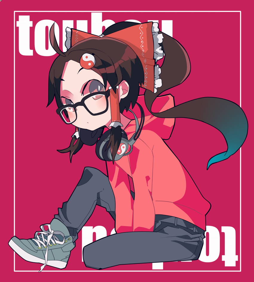 1girl, ahoge, alternate_costume, bespectacled, black-framed_glasses, brown_hair, cireng-kun, contemporary, copyright_name, full_body, glasses, hair_ribbon, hair_tubes, hakurei_reimu, headphones, highres, hood, hoodie, long_hair, long_sleeves, looking_at_viewer, pants, ponytail, red_background, ribbon, shoes, sitting, sneakers, solo, touhou