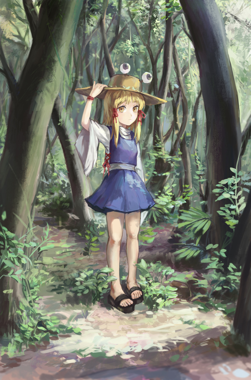 1girl, absurdres, arm_up, blonde_hair, bracelet, forest, full_body, hair_ornament, hat, highres, jewelry, jiliang_ji_ying, light_brown_eyes, long_hair, long_sleeves, looking_at_viewer, moriya_suwako, nature, sandals, shirt, skirt, skirt_set, solo, touhou, tree, turtleneck, vest, wide_sleeves