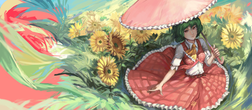 1girl, absurdres, ascot, belt, field, flower, flower_field, green_hair