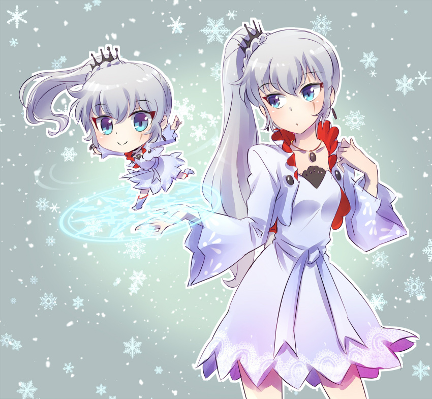 1girl, blue_eyes, chibi, chibi_inset, earrings, facial_scar, glyph, highres, iesupa, jewelry, necklace, rwby, scar, side_ponytail, smile, solo, weiss_schnee, white_hair