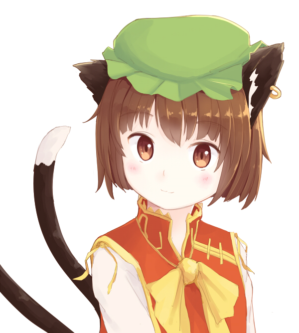 1girl, animal_ears, blush, brown_eyes, brown_hair, cat_ears, cat_tail, chen, face, hat, jewelry, long_sleeves, mob_cap, multiple_tails, portrait, sebastian_(artist), shirt, simple_background, single_earring, smile, tail, touhou, turtleneck, vest, white_background