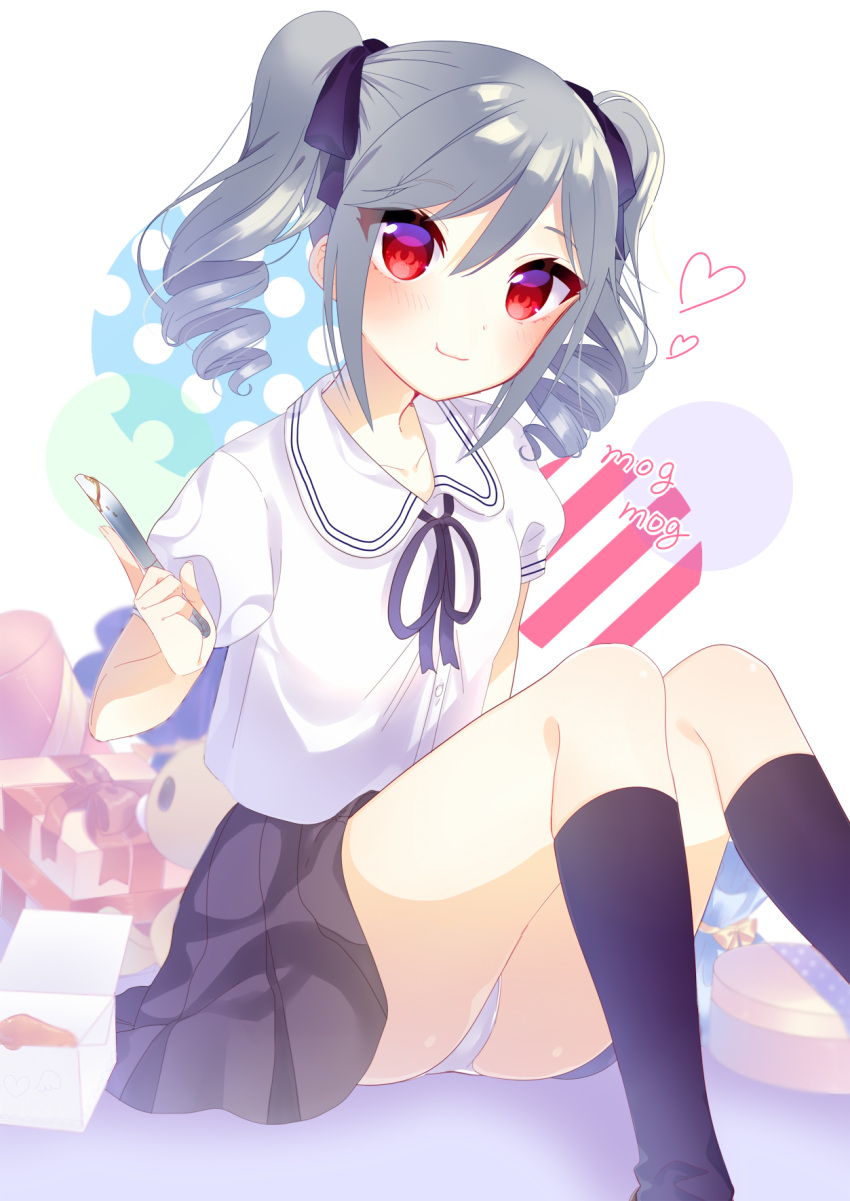 1girl, butterknife, drill_hair, highres, idolmaster, idolmaster_cinderella_girls, kanzaki_ranko, long_hair, mafuyu_(chibi21), panties, pantyshot, red_eyes, school_uniform, silver_hair, solo, twin_drills, twintails, underwear