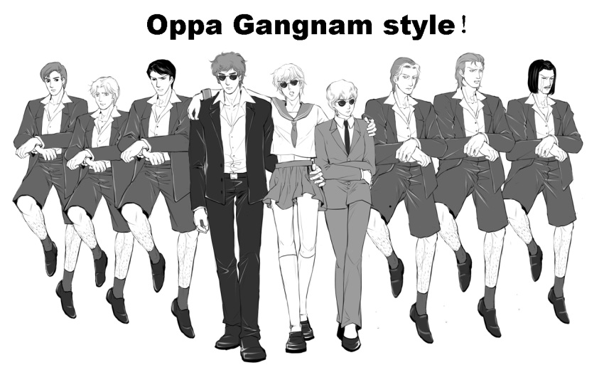1girl, 6+boys, crossdressinging, ernest_mecklinger, formal, fritz_josef_bittenfeld, gangnam_style, ginga_eiyuu_densetsu