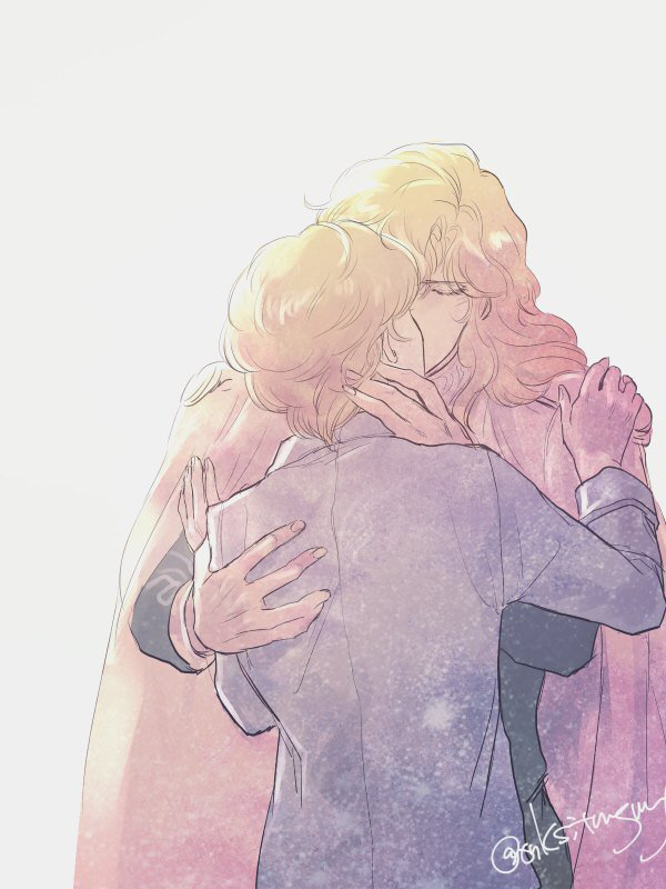 1boy, 1girl, blonde_hair, cape, closed_eyes, couple, ginga_eiyuu_densetsu, hetero