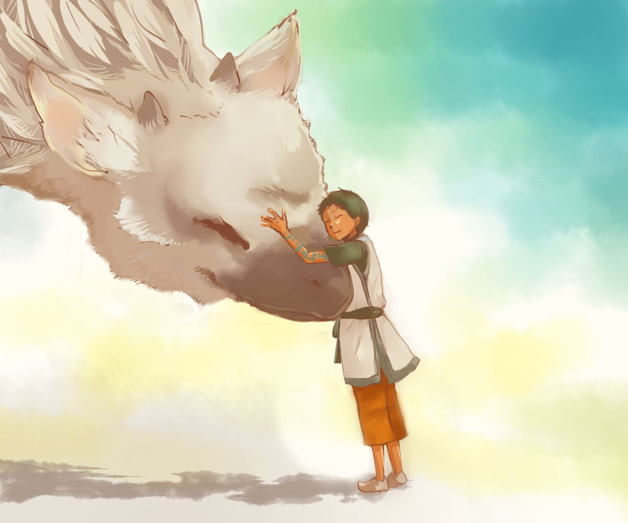 closed_eyes, creature, feathers, griffin, horns, hug, monster, nobicco, shoes, tattoo, the_last_guardian, trico, trico_(character)