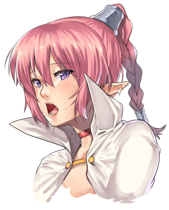 1girl, blush, braid, cape, chrono_trigger, flea_(chrono_trigger), long_hair, nagase_haruhito, open_mouth, pink_hair, pointy_ears, ponytail, single_braid, solo