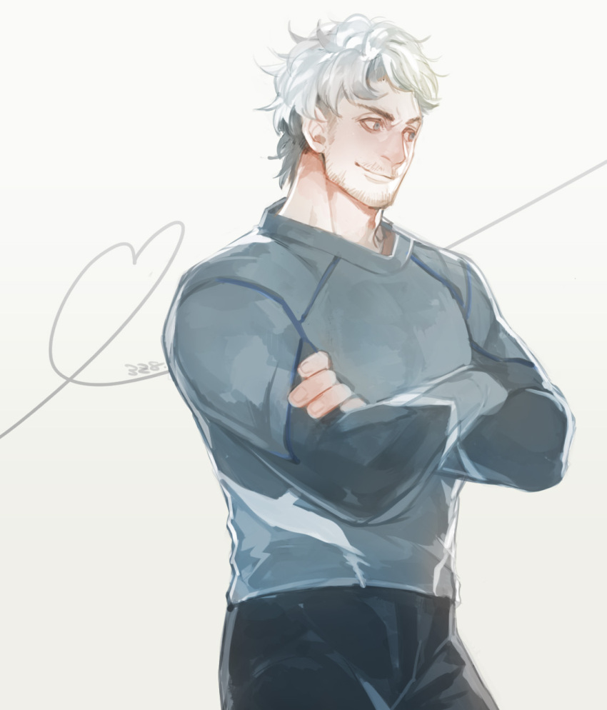 1boy, avengers:_age_of_ultron, crossed_arms, facial_hair, grey_hair, heart, heart_of_string, highres