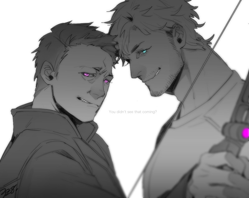 2boys, avengers:_age_of_ultron, blue_eyes, blurry, bow_(weapon), clint_barton, depth_of_field, facial_hair