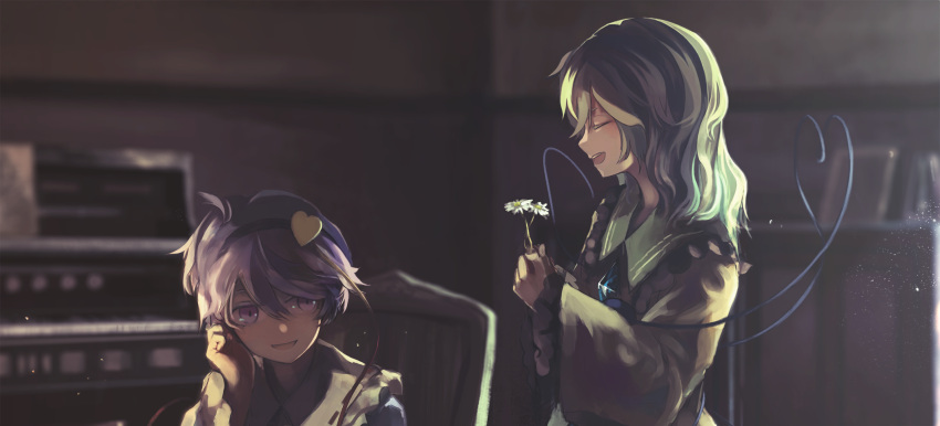 2girls, bangs, black_hat, blue_shirt, blurry, book, close-up, closed_eyes, closet, crystal, daisy, depth_of_field, eyeball, flower, frame, frilled_sleeves, frills, glass, green_hair, green_skirt, hair_between_eyes, hairband, hand_on_own_cheek, hat, hat_basket, hat_removed, hat_ribbon, head_rest, headwear_removed, heart, heart_of_string, highres, holding, holding_flower, indoors, instrument, komeiji_koishi, komeiji_satori, light_particles, light_smile, long_sleeves, multiple_girls, nori_(stak819), open_mouth, piano, profile, purple_hair, red_flower, red_rose, ribbon, ribbon-trimmed_collar, ribbon_trim, rose, shirt, short_hair, siblings, sisters, sitting, skirt, stained_glass, standing, third_eye, touhou, transparent, violet_eyes, wall, white_flower, white_rose, wide_sleeves, window, window_shade, yellow_shirt