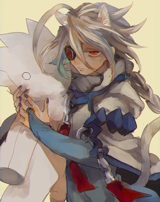 1girl, ahoge, akilico, blazblue, bodysuit, bridal_gauntlets, cape, eyepatch, huge_ahoge, nail_polish, nu-13, pillow, pillow_hug, silver_hair, solo, stuffed_toy