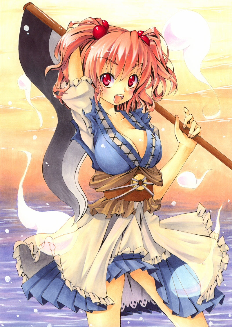 cleavage, ghost, hair_bobbles, hair_ornament, onozuka_komachi, red_eyes, red_hair, redhead