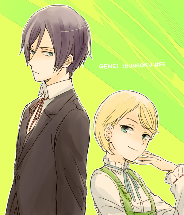 1boy, 1girl, 31sgic, back-to-back, black_hair, blonde_hair, blue_eyes, earrings
