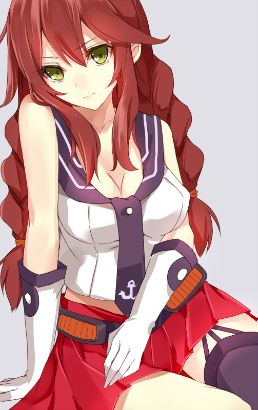 >:), 1girl, anchor_symbol, aosaki_yukina, arm_support, bangs, bare_shoulders, black_legwear