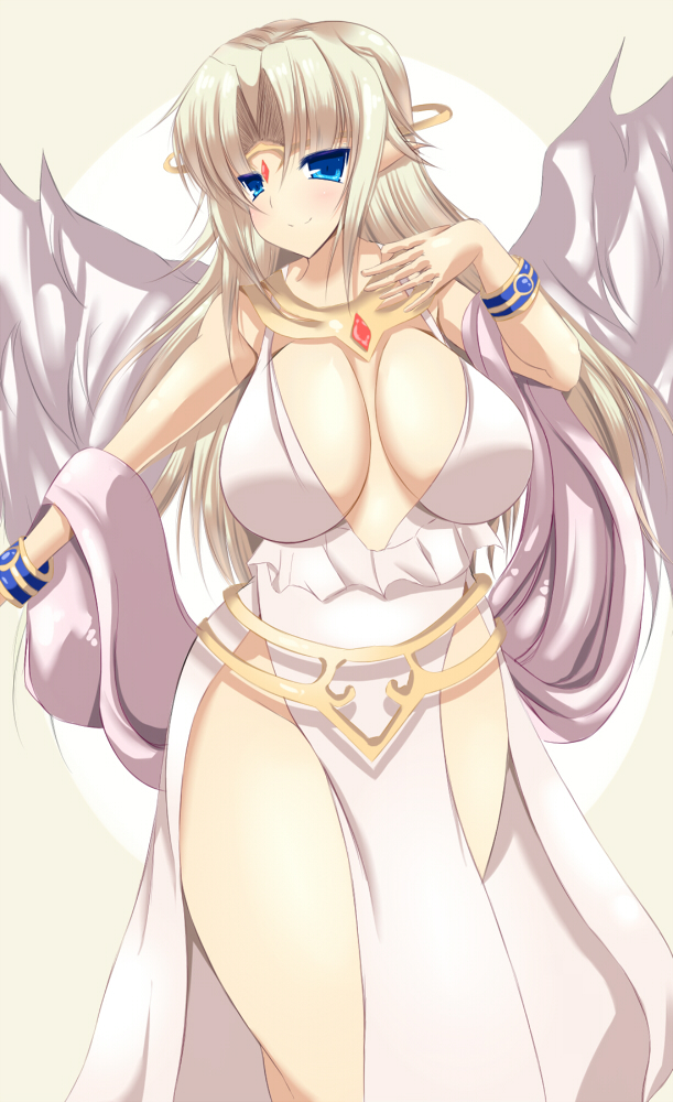1girl, blonde_hair, blue_bracelets, blue_eyes, blush, bracelet, breasts, choker, circlet, cleavage, dress, gem_on_head, goddess, ilias, impossible_clothes, jewelry, large_breasts, long_hair, mon-musu_quest!, monster_girl, pointy_ears, sash, scarf, silver_hair, slit_pupils, smile, solo, tiara, very_long_hair, wingless