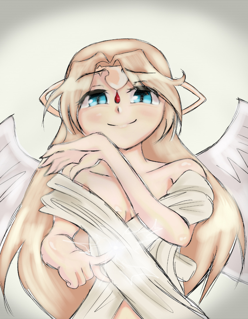 1girl, absurdres, angel_wings, blonde_hair, blue_bracelets, blue_eyes, bracelet, breasts, casting_spell, cyan_eyes, dress, feathered_wings, gem_on_head, gesugao, glowing_finger, goddess, highres, ilias, jewelry, long_hair, looking_at_viewer, mon-musu_quest!, smile, smirk, solo, tiara, torotoro_resistance, very_long_hair, white_wings, wings