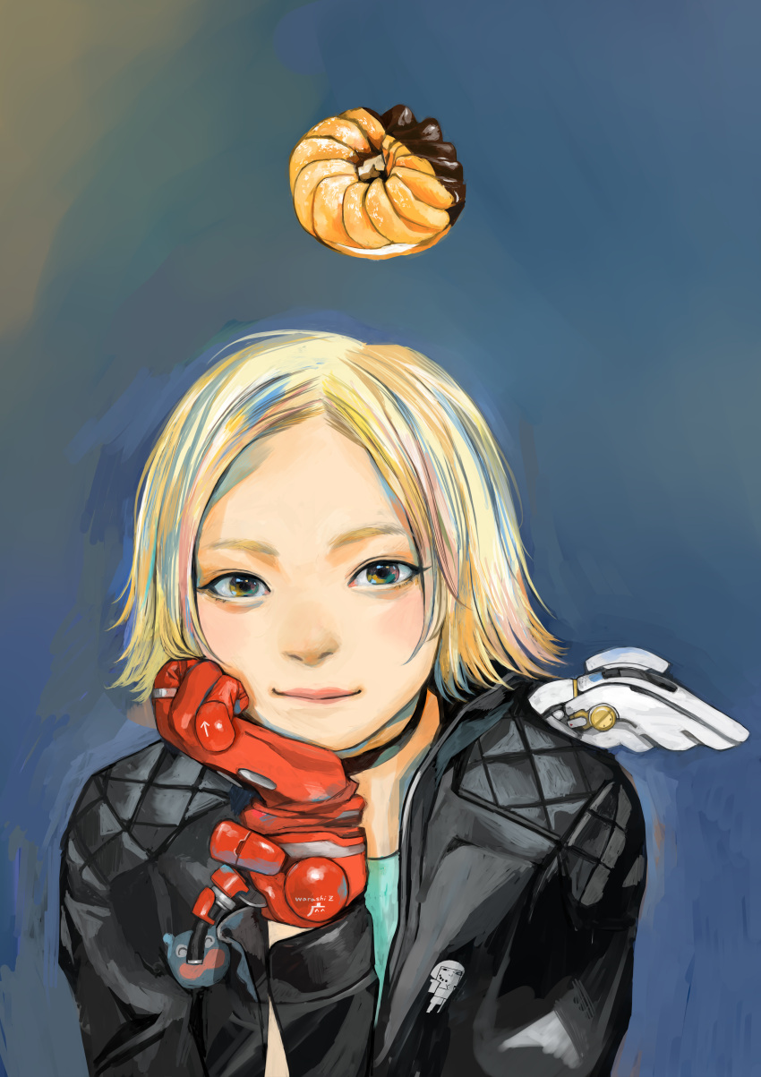 1girl, absurdres, angel, angel_wings, artist_name, bangs, blonde_hair, blue_background