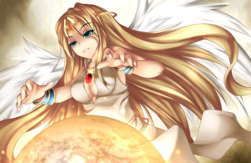 1girl, angel_wings, background, blonde_hair, blue_bracelets, blue_eyes, breasts, censored, choker, circlet, cleavage, cleavage_cutout, commentary, commentary_request, crystal_ball, cyan_bracelets, cyan_eyes, dress, fantasy, feathered_wings, fi-san, gem_on_head, goddess, gold_hair, golden_hair, highres, ilias, impossible_clothes, jewelry, long_hair, mon-musu_quest!, monster_girl, panties, pointy_ears, sash, scarf, smile, smirk, solo, spoilers, tiara, torotoro_resistance, underwear, upper_body, very_long_hair, white_wings, wings