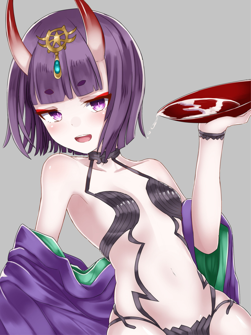 1girl, alcohol, bangs, bare_shoulders, blunt_bangs, bob_cut, clothes_down, collarbone