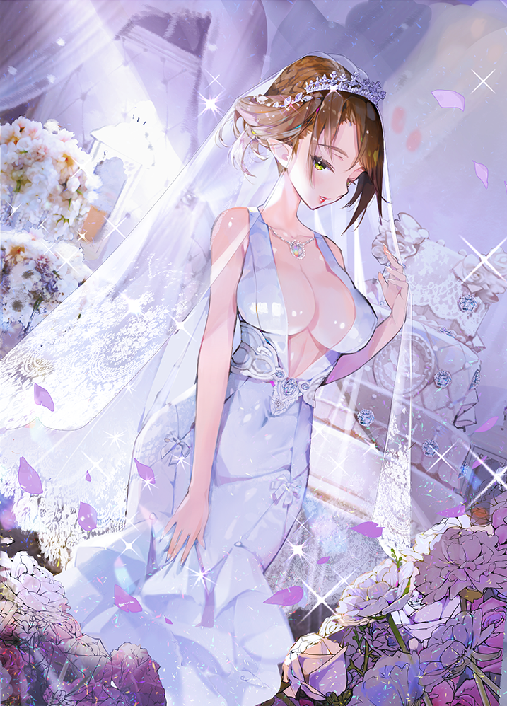 1girl, arm_at_side, bangs, blush, breasts, brown_hair, center_opening, cleavage