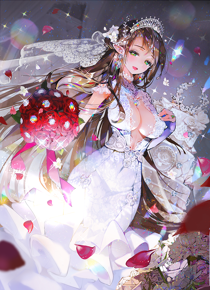 1girl, :d, bangs, blush, breast_suppress, breasts, bridal_gauntlets, brown_hair