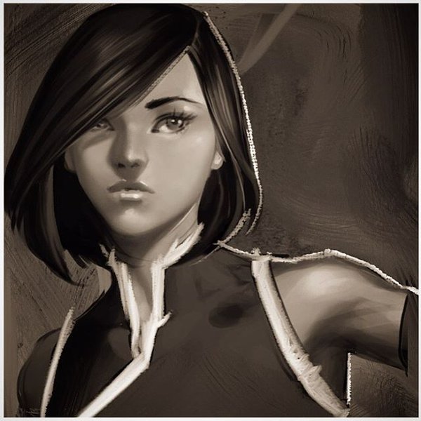 1girl, avatar:_the_last_airbender, detached_sleeves, eyebrows, eyelashes, greyscale, hair_over_one_eye, korra