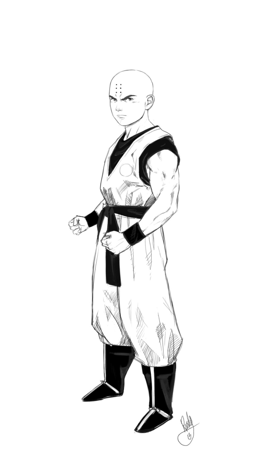 1boy, bald, boots, clenched_hands, dougi, dragon_ball, dragon_ball_z, facial_mark