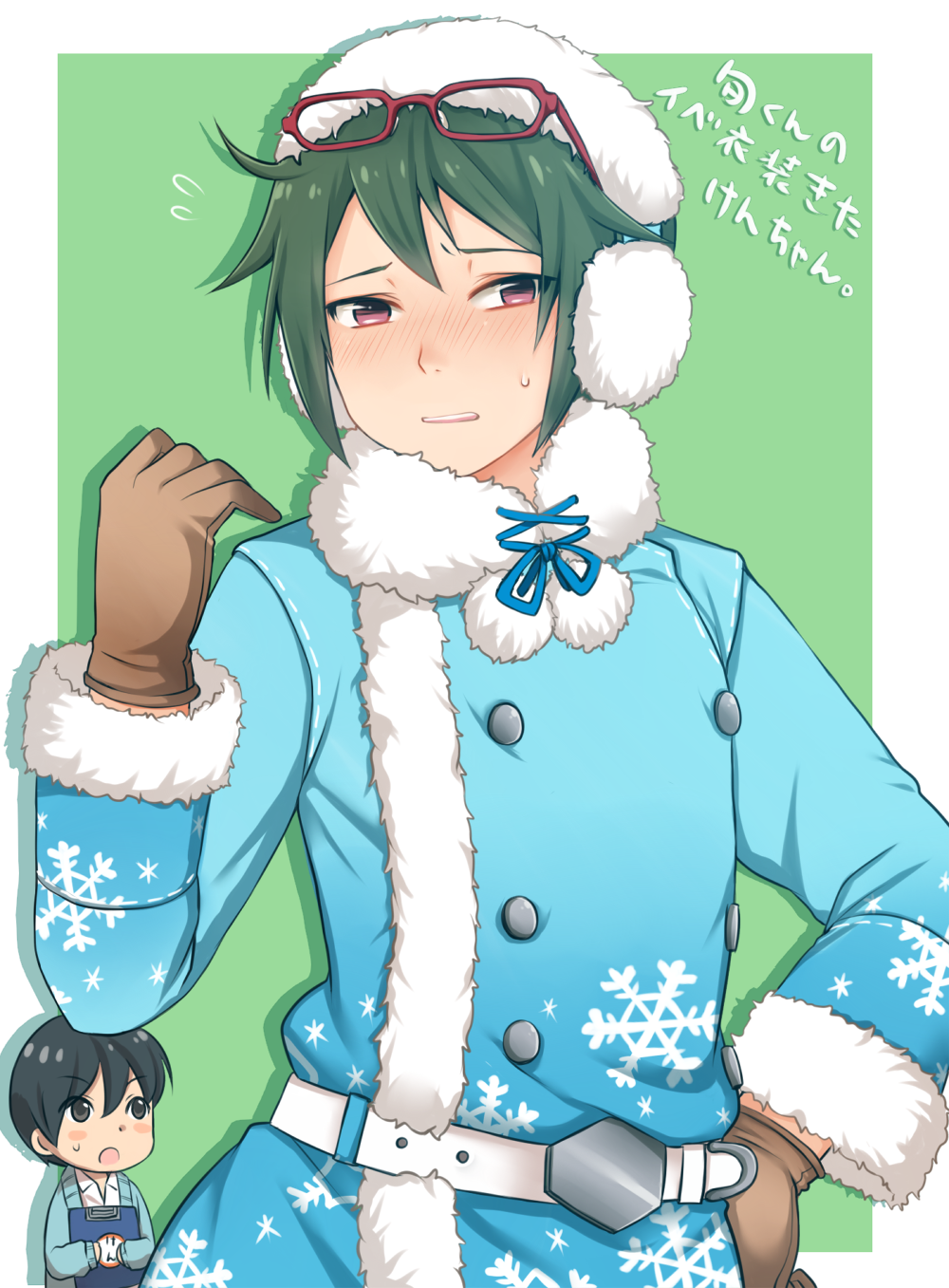 2boys, alternate_costume, blush, blush_stickers, brown_gloves, cosplay, costume_switch, earmuffs, fuyumi_jun, gloves, hand_on_hip, highres, idolmaster, idolmaster_side-m, looking_at_another, looking_at_viewer, male_focus, multiple_boys, osusi_anago, snowflakes, sweatdrop, winter_clothes, yamamura_ken, yamamura_ken_(cosplay)