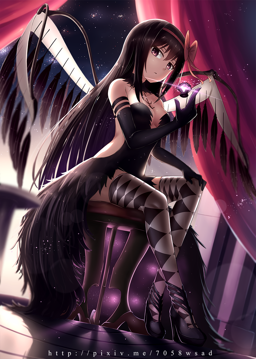 1girl, akuma_homura, argyle, argyle_legwear, bare_shoulders, black_dress, black_gloves, black_hair, black_wings, bow, bu_li, choker, dark_orb_(madoka_magica), dress, elbow_gloves, feathered_wings, gloves, hair_bow, high_heels, long_hair, looking_at_viewer, mahou_shoujo_madoka_magica, mahou_shoujo_madoka_magica_movie, red_bow, sitting, solo, soul_gem, thigh-highs, violet_eyes, wings