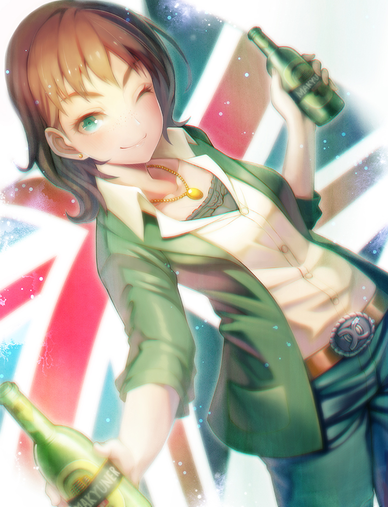 1girl, alcohol, beer, brown_hair, flag_background, freckles, green_eyes, idolmaster