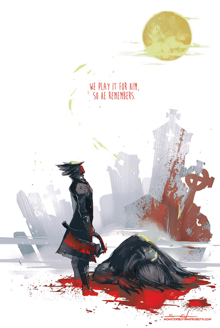 2boys, blood, bloodborne, bloody_clothes, bloody_weapon, claws, corpse, english