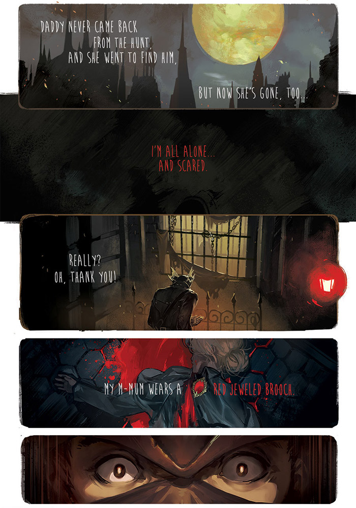 1boy, 1girl, blonde_hair, bloodborne, brooch, brown_eyes, comic, corpse, english, fayren, hat, hunter_(bloodborne), jewelry, mask, moon, shocked_eyes