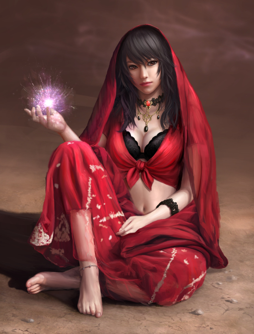 1girl, amatchi, anklet, bangs, barefoot, black_bra, black_hair, bra