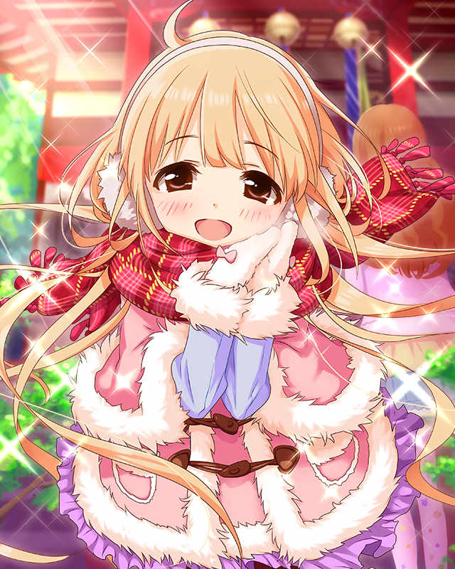 2girls, :d, artist_request, blonde_hair, brown_eyes, earmuffs, futaba_anzu, headshop