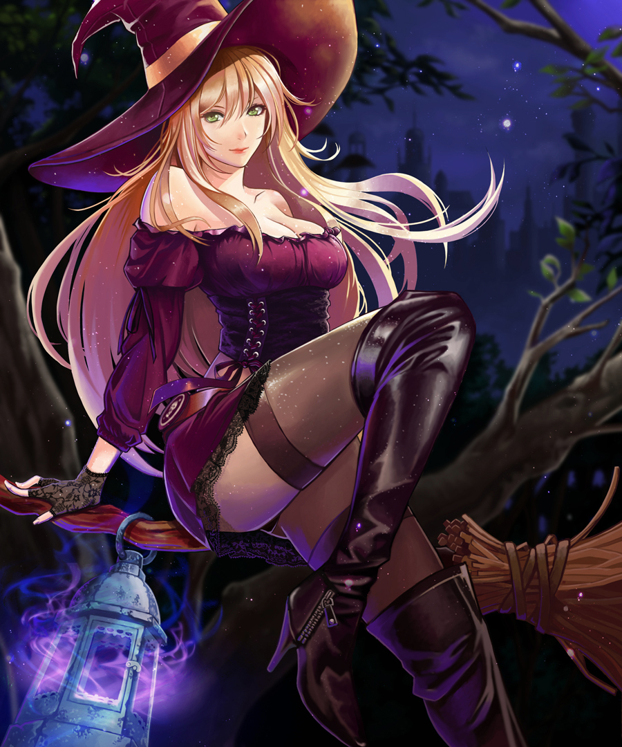 1girl, ackood, bare_shoulders, blonde_hair, blurry, boots, breasts, broom