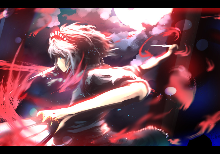 1girl, apron, artist_name, between_fingers, blue_dress, blue_eyes, clouds, dress