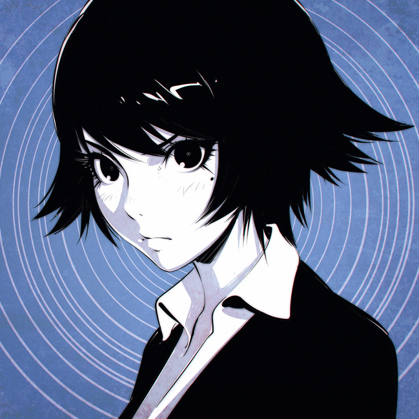 1girl, ajin_(sakurai_gamon), black_hair, ilya_kuvshinov, mole, mole_under_eye, monochrome, shimomura_izumi