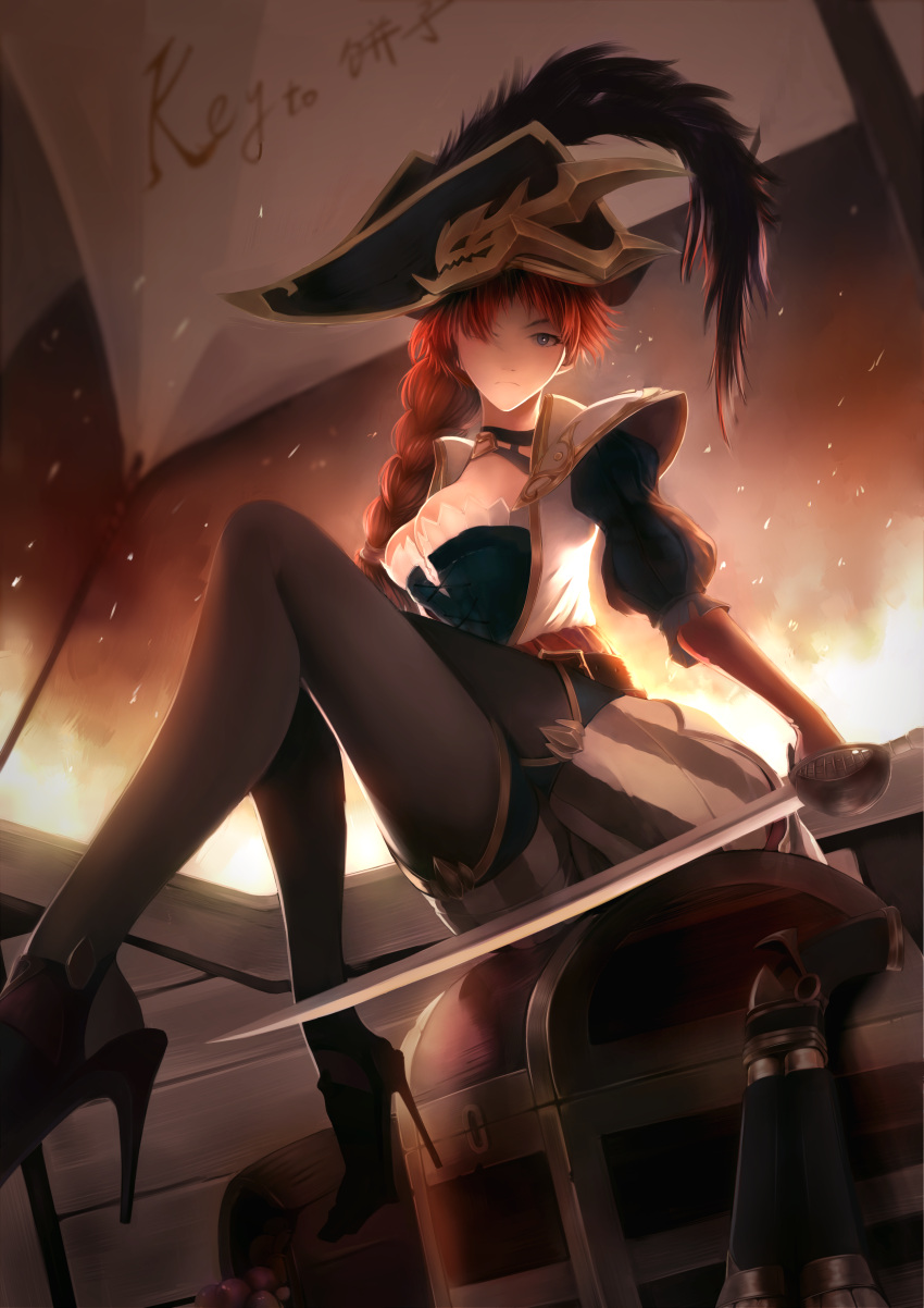 1girl, absurdres, braid, breasts, cleavage, crossed_legs, fakerx, hair_over_one_eye