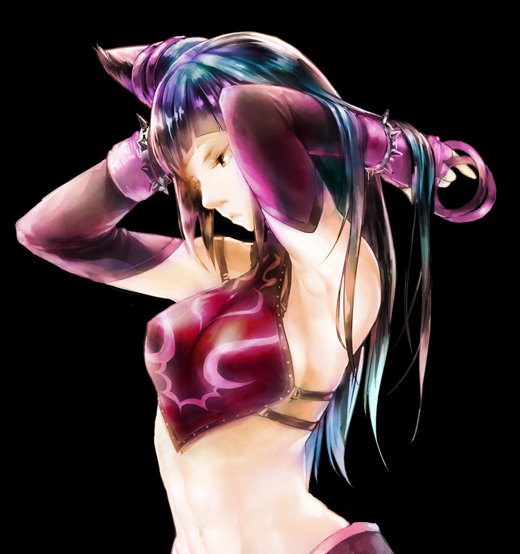 1girl, adjusting_hair, armpits, bare_shoulders, black_background, black_hair, breasts, capcom